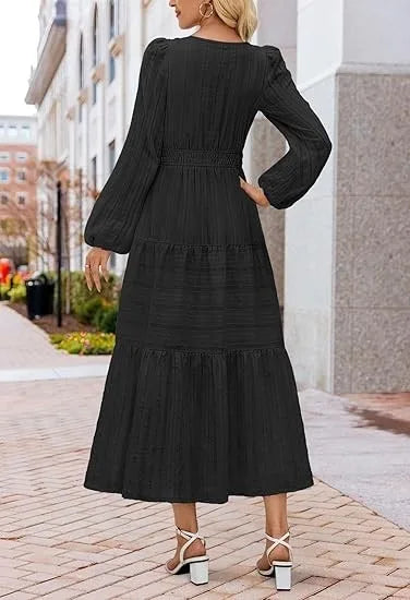 Women’s Dress Long Sleeve V-Neck Solid Color Casual