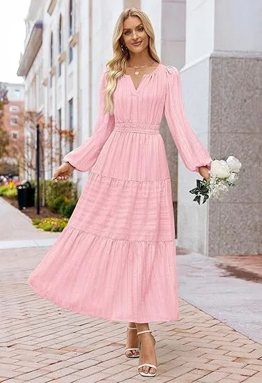 Women’s Dress Long Sleeve V-Neck Solid Color Casual