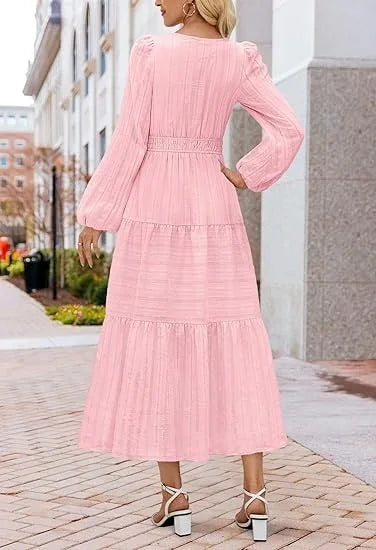 Women’s Dress Long Sleeve V-Neck Solid Color Casual