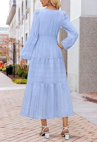 Women’s Dress Long Sleeve V-Neck Solid Color Casual