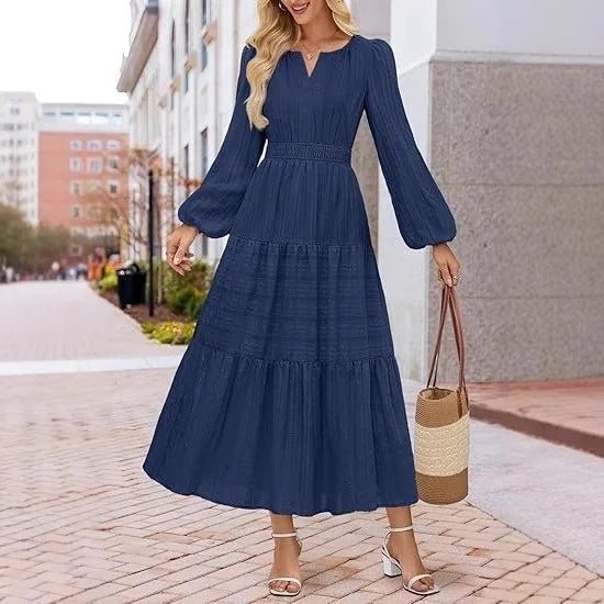 Women’s Dress Long Sleeve V-Neck Solid Color Casual
