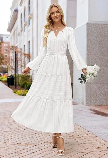 Women’s Dress Long Sleeve V-Neck Solid Color Casual