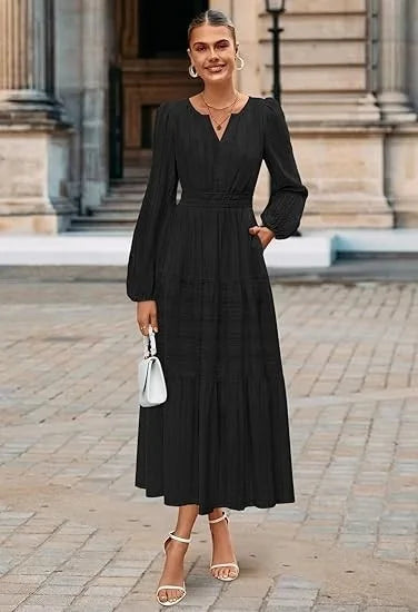 Women’s Dress Long Sleeve V-Neck Solid Color Casual