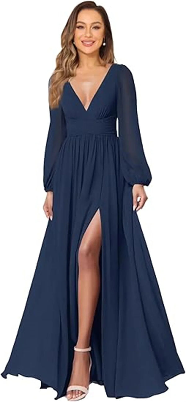 Women’s Dress Long Sleeve V-Neck Chiffon Formal