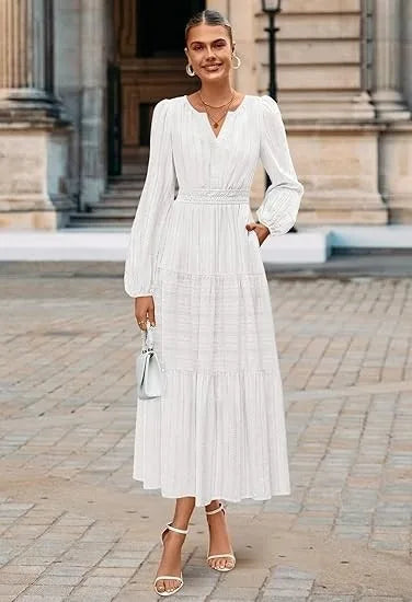 Women’s Dress Long Sleeve V-Neck Solid Color Casual