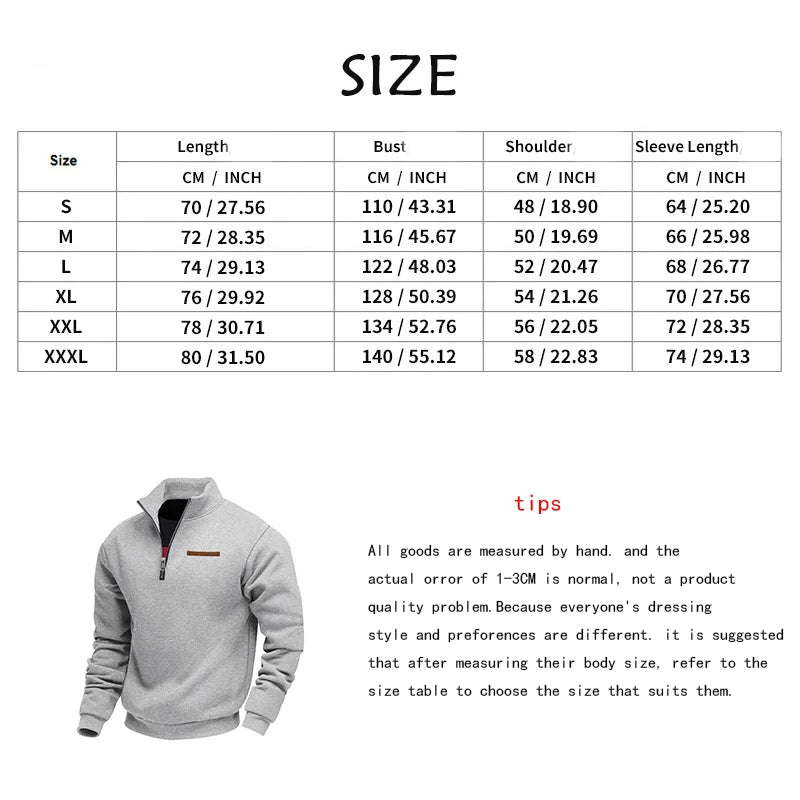 Men’s Sweatshirt Pullover Zip-Up Fleece Long Sleeve Autumn Winter