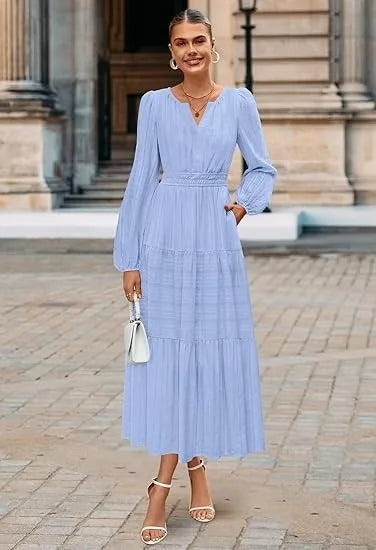 Women’s Dress Long Sleeve V-Neck Solid Color Casual