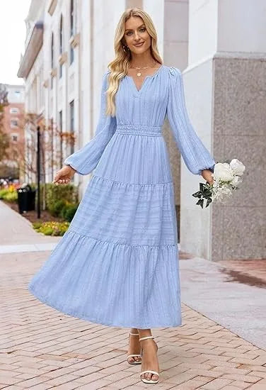 Women’s Dress Long Sleeve V-Neck Solid Color Casual