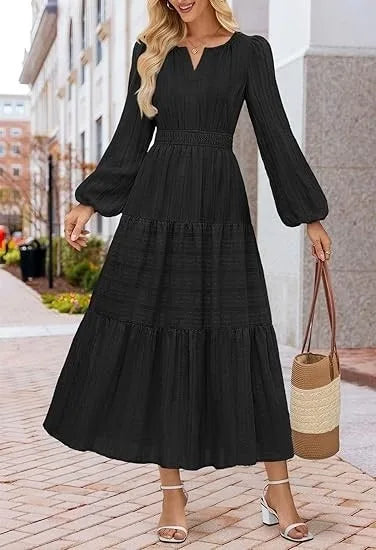 Women’s Dress Long Sleeve V-Neck Solid Color Casual