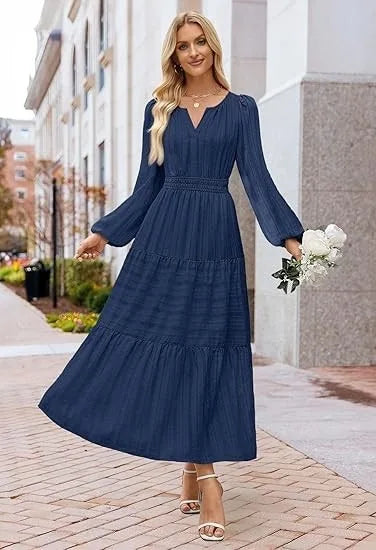 Women’s Dress Long Sleeve V-Neck Solid Color Casual