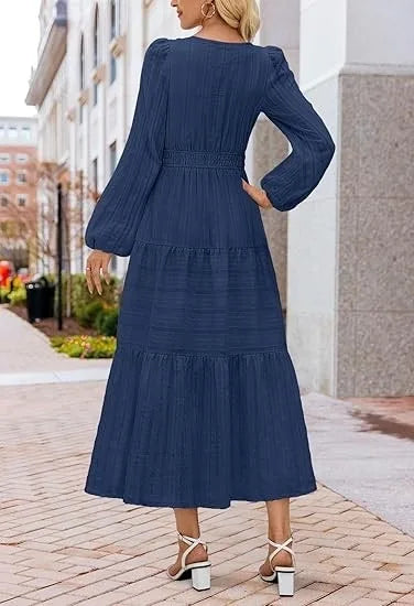 Women’s Dress Long Sleeve V-Neck Solid Color Casual