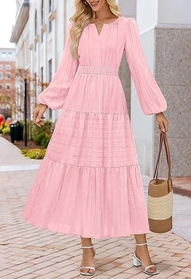 Women’s Dress Long Sleeve V-Neck Solid Color Casual