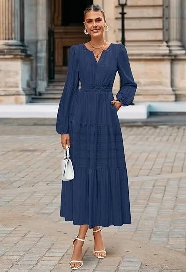 Women’s Dress Long Sleeve V-Neck Solid Color Casual