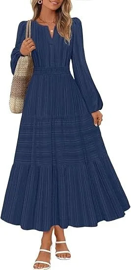 Women’s Dress Long Sleeve V-Neck Solid Color Casual