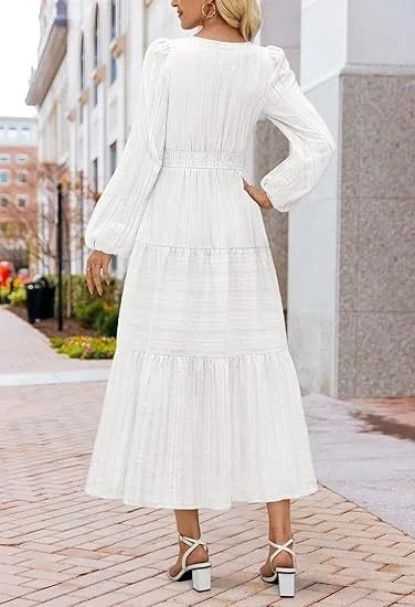 Women’s Dress Long Sleeve V-Neck Solid Color Casual