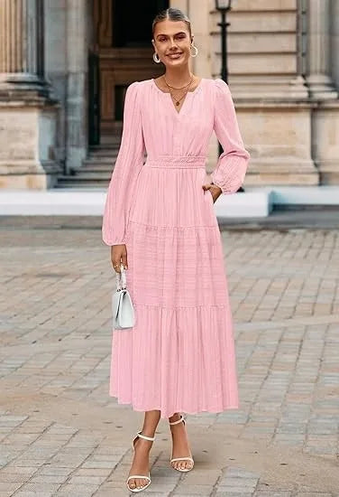 Women’s Dress Long Sleeve V-Neck Solid Color Casual