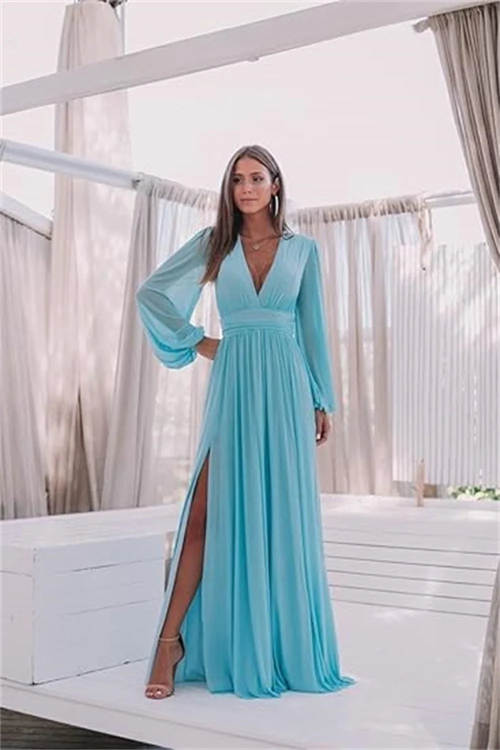 Women’s Dress Long Sleeve V-Neck Chiffon Formal