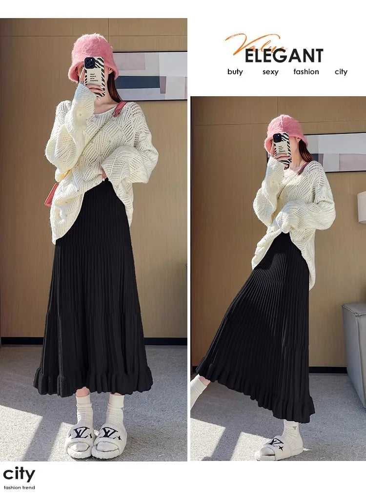Women’s Skirt High Waist Elastic Waist A-Line Solid Color