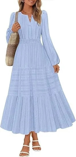 Women’s Dress Long Sleeve V-Neck Solid Color Casual