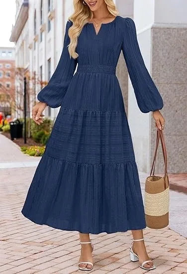 Women’s Dress Long Sleeve V-Neck Solid Color Casual