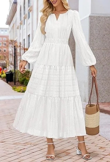 Women’s Dress Long Sleeve V-Neck Solid Color Casual