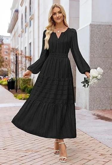 Women’s Dress Long Sleeve V-Neck Solid Color Casual