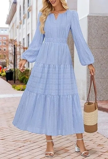 Women’s Dress Long Sleeve V-Neck Solid Color Casual